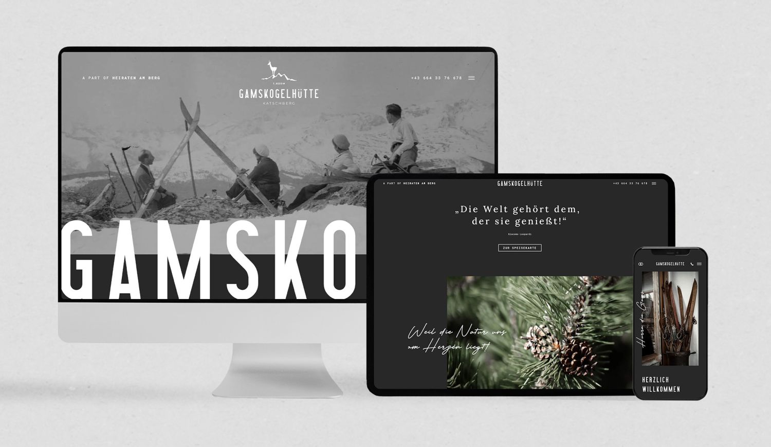 Desktop Tablet und Mobile Ansichten der Webseite Projekt Gamskoglerhütte