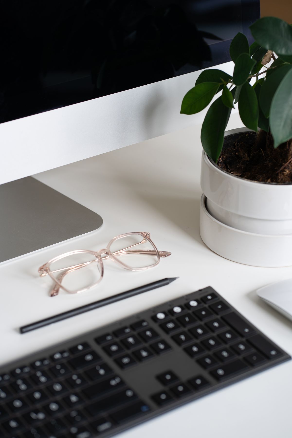 Schreibtisch mit Brille, Stift, Tastatur und Pflanze